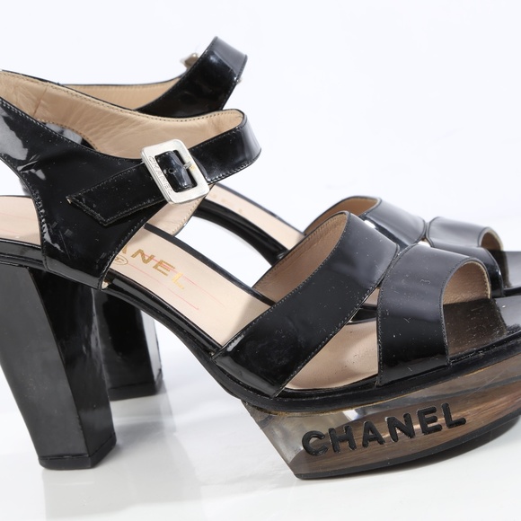 Chanel Vintage Black Logo Lucite Led  Platform SandalsPatent Leather Heels - Picture 2 of 14